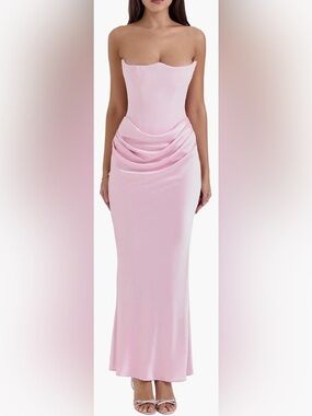 NEW HOUSE OF CB Persephone Strapless Corset Satin & Stretch Crepe pink Gown XS